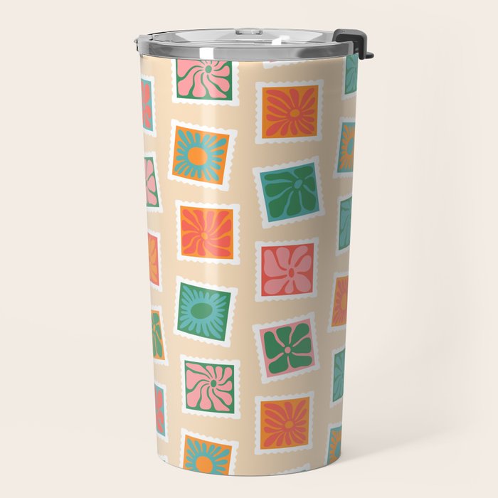 Vintage flower postage stamp pattern Travel Mug Gallery Image 2