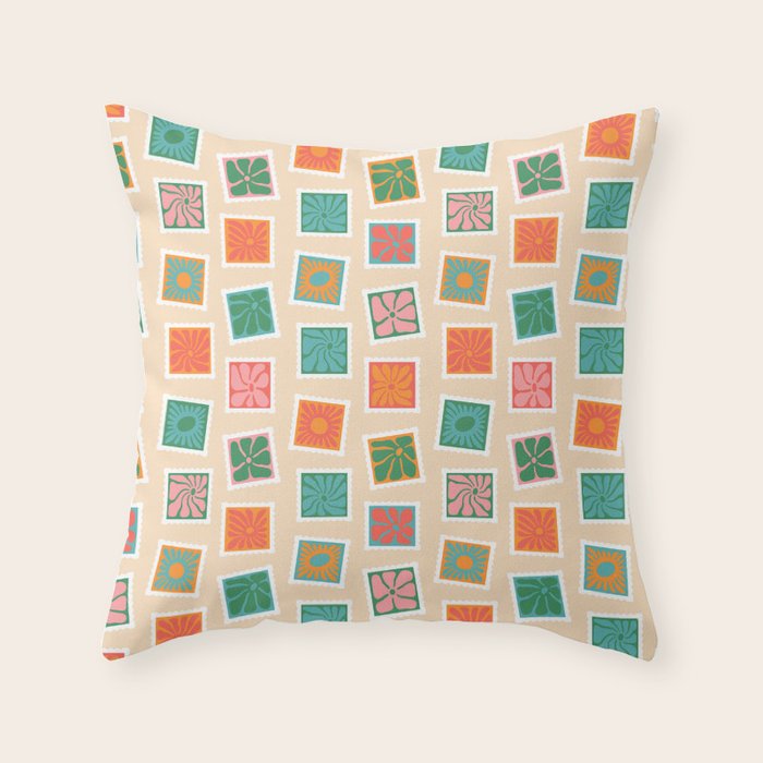 Vintage flower postage stamp pattern Throw Pillow Gallery Image 1