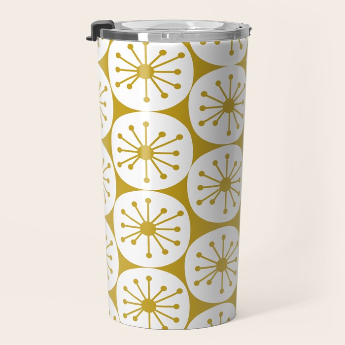 Atomic Dots Retro Geo Pattern in Mid Mod Mustard and White Travel Mug Gallery Image 3