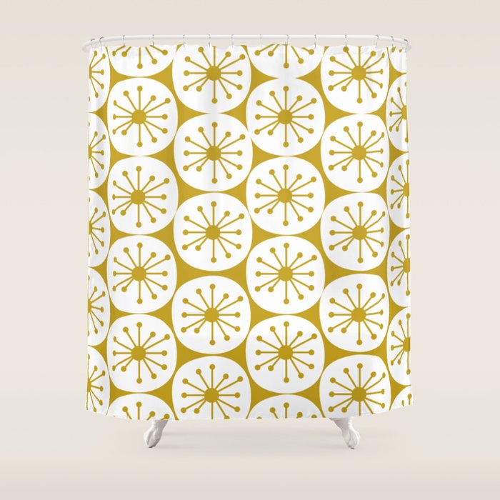 Atomic Dots Retro Geo Pattern in Mid Mod Mustard and White Shower Curtain Gallery Image 1