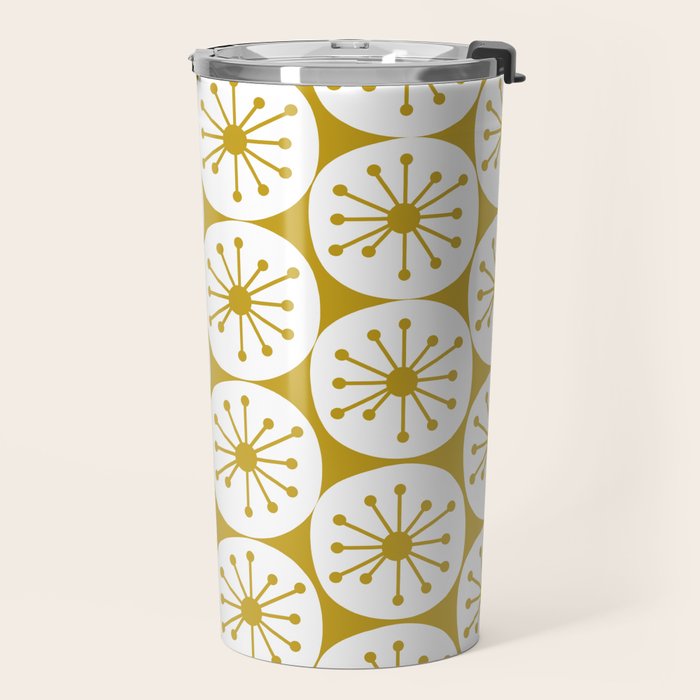 Atomic Dots Retro Geo Pattern in Mid Mod Mustard and White Travel Mug Gallery Image 2