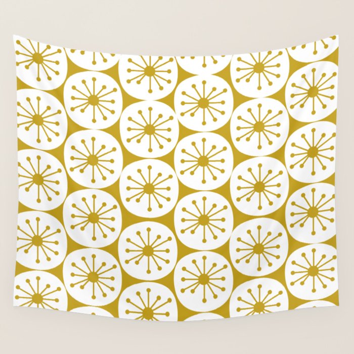 Atomic Dots Retro Geo Pattern in Mid Mod Mustard and White Wall Tapestry Gallery Image 4