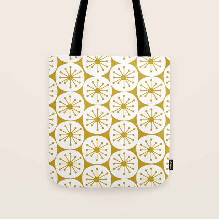Atomic Dots Retro Geo Pattern in Mid Mod Mustard and White Tote Bag Gallery Image 1