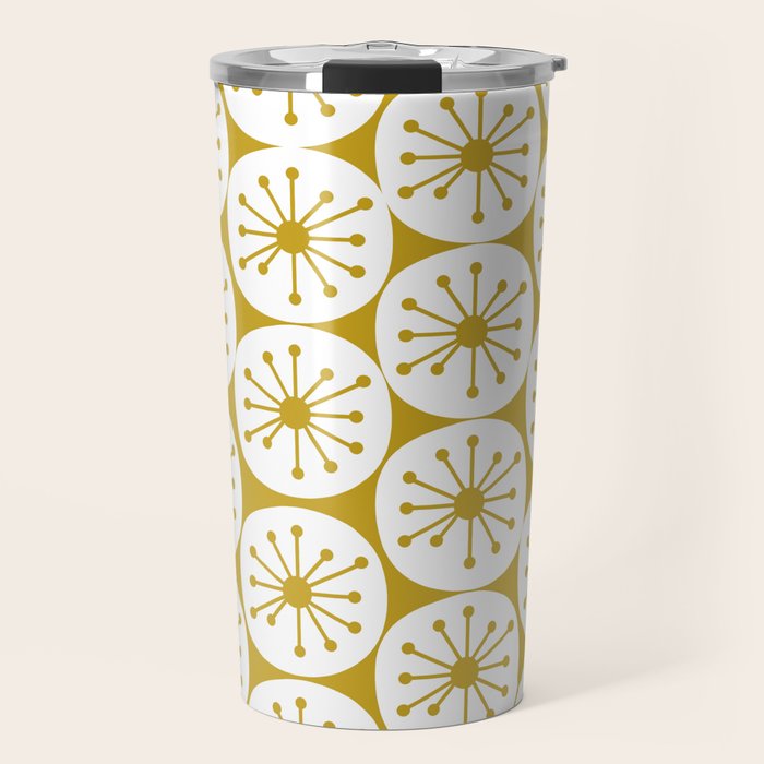 Atomic Dots Retro Geo Pattern in Mid Mod Mustard and White Travel Mug Gallery Image 1