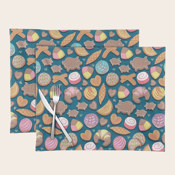 Mexican Sweet Bakery Frenzy // turquoise background // pastel colors pan dulce Placemat Gallery Image 1