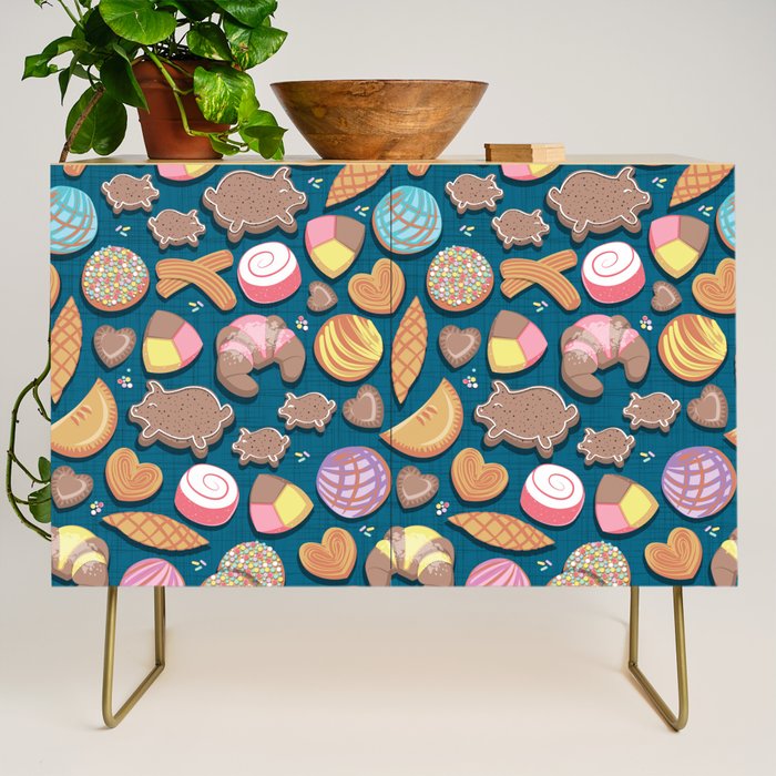 Mexican Sweet Bakery Frenzy // turquoise background // pastel colors pan dulce Credenza Gallery Image 1