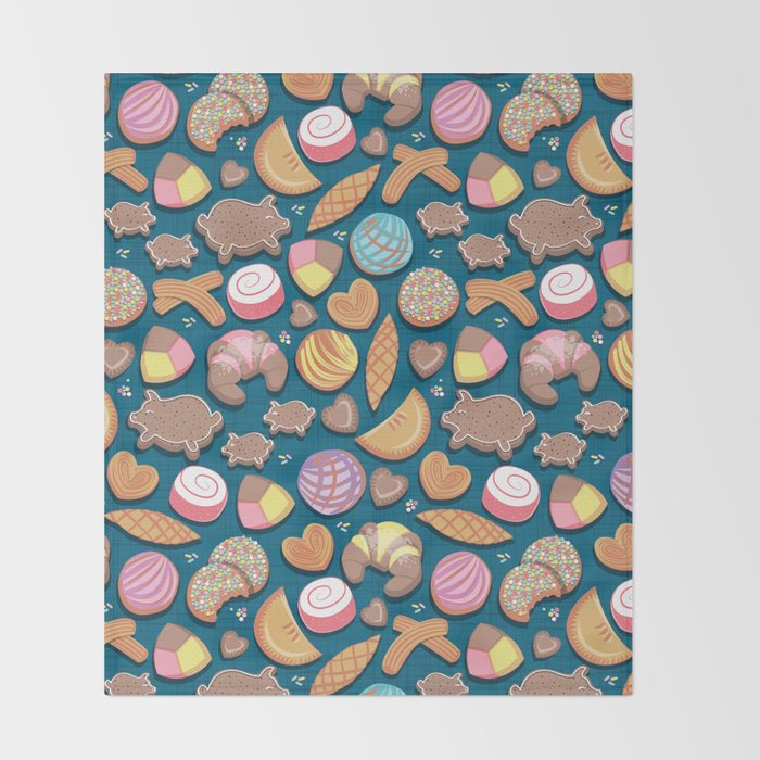 Mexican Sweet Bakery Frenzy // turquoise background // pastel colors pan dulce Throw Blanket Gallery Image 2