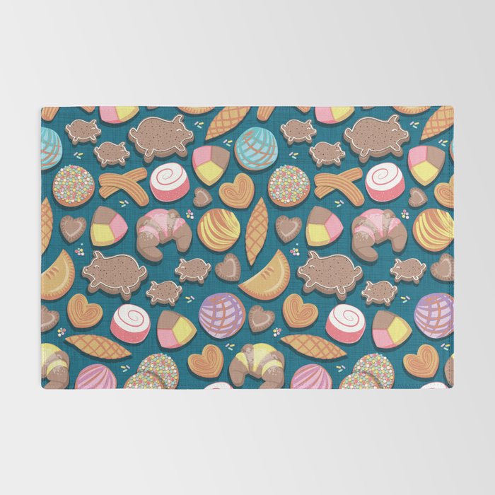 Mexican Sweet Bakery Frenzy // turquoise background // pastel colors pan dulce Rug Gallery Image 2