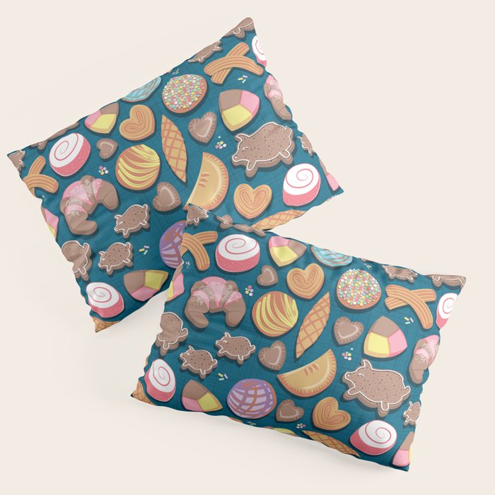 Mexican Sweet Bakery Frenzy // turquoise background // pastel colors pan dulce Pillow Sham Gallery Image 1