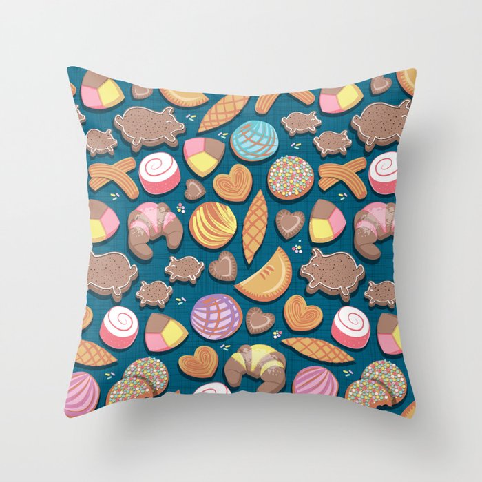 Mexican Sweet Bakery Frenzy // turquoise background // pastel colors pan dulce Throw Pillow Gallery Image 1