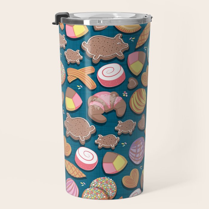 Mexican Sweet Bakery Frenzy // turquoise background // pastel colors pan dulce Travel Mug Gallery Image 3