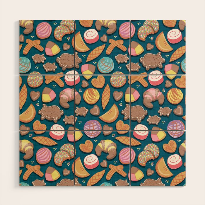 Mexican Sweet Bakery Frenzy // turquoise background // pastel colors pan dulce Wood Wall Art Gallery Image 1