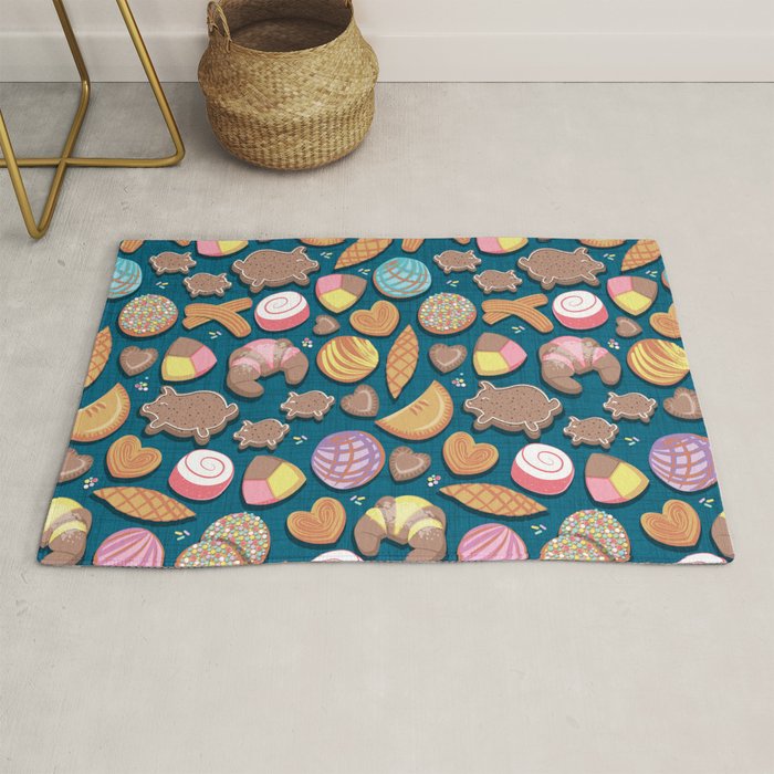 Mexican Sweet Bakery Frenzy // turquoise background // pastel colors pan dulce Rug Gallery Image 1