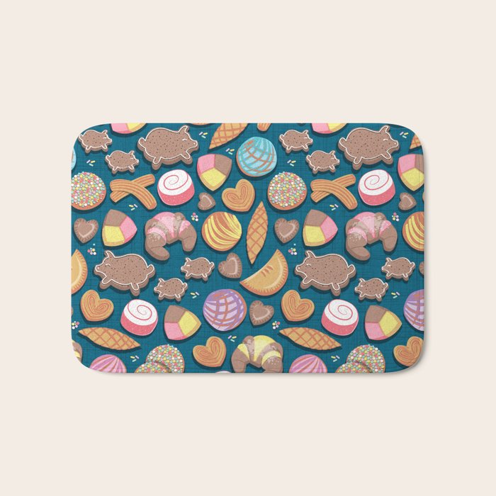 Mexican Sweet Bakery Frenzy // turquoise background // pastel colors pan dulce Bath Mat Gallery Image 1