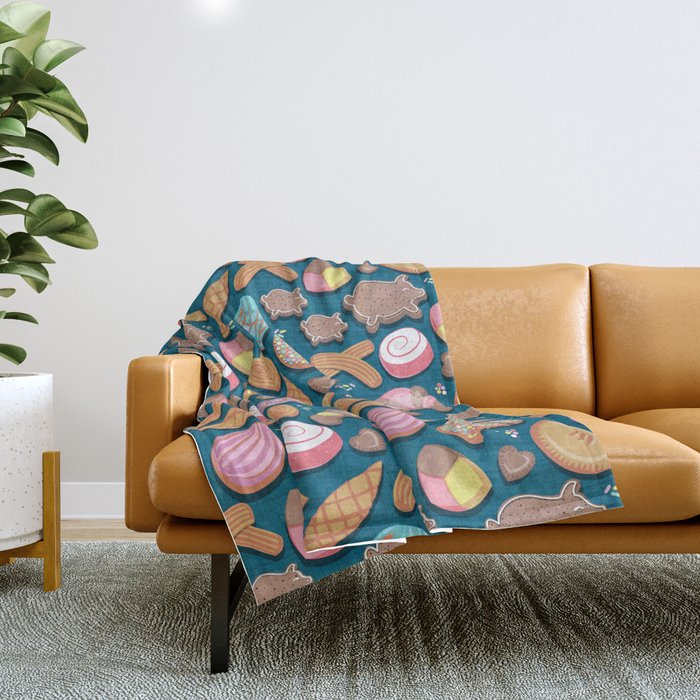 Mexican Sweet Bakery Frenzy // turquoise background // pastel colors pan dulce Throw Blanket Gallery Image 1