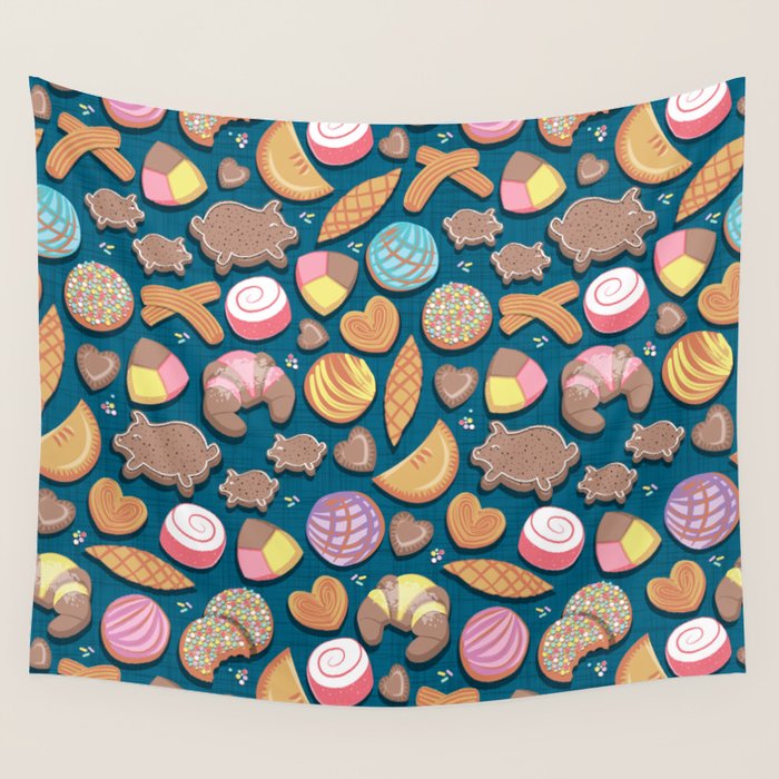 Mexican Sweet Bakery Frenzy // turquoise background // pastel colors pan dulce Wall Tapestry Gallery Image 1