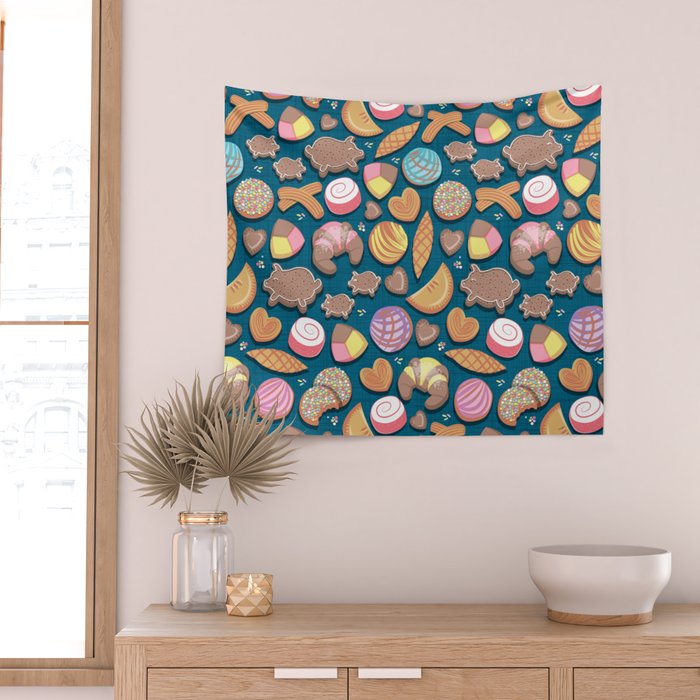 Mexican Sweet Bakery Frenzy // turquoise background // pastel colors pan dulce Wall Tapestry Gallery Image 2