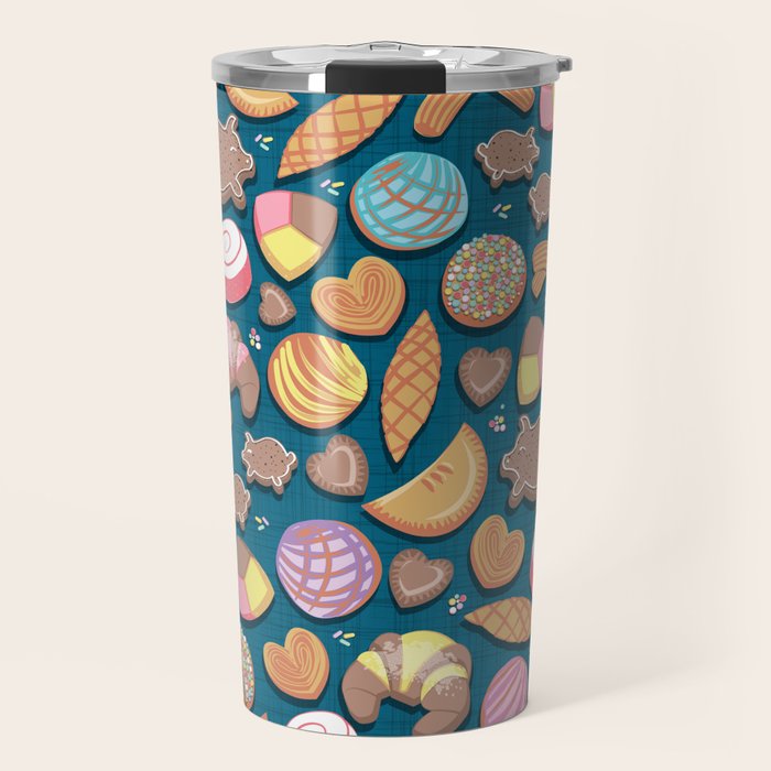 Mexican Sweet Bakery Frenzy // turquoise background // pastel colors pan dulce Travel Mug Gallery Image 1