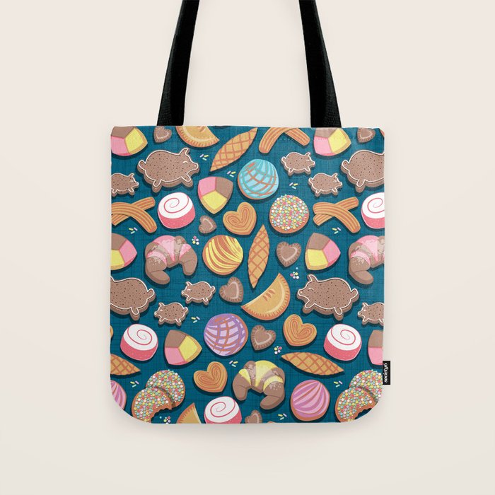 Mexican Sweet Bakery Frenzy // turquoise background // pastel colors pan dulce Tote Bag Gallery Image 1