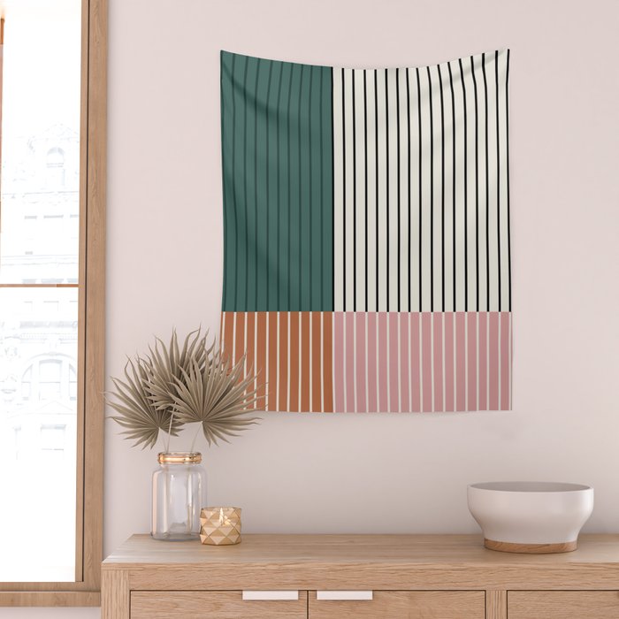 Color Block Line Abstract V Colorful Retro Wall Tapestry Gallery Image 2