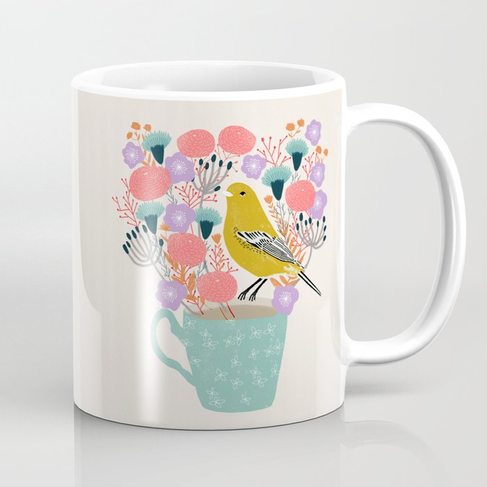 Bird and Flowers - Warbler by Andrea Lauren Coffee Mug Gallery Image 1