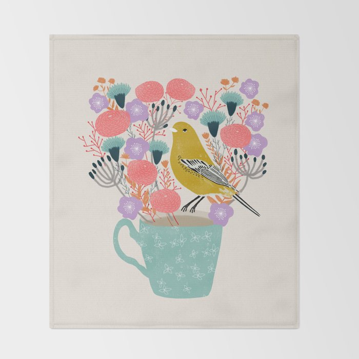 Bird and Flowers - Warbler by Andrea Lauren Throw Blanket Gallery Image 2