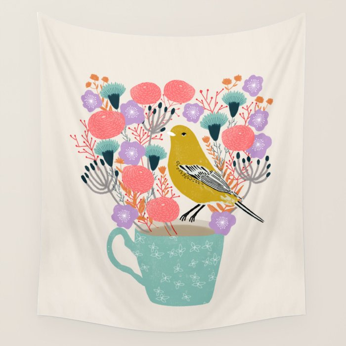 Bird and Flowers - Warbler by Andrea Lauren Wall Tapestry Gallery Image 4