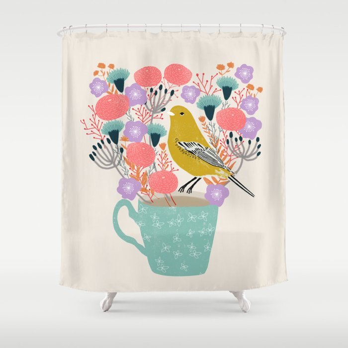 Bird and Flowers - Warbler by Andrea Lauren Shower Curtain Gallery Image 1