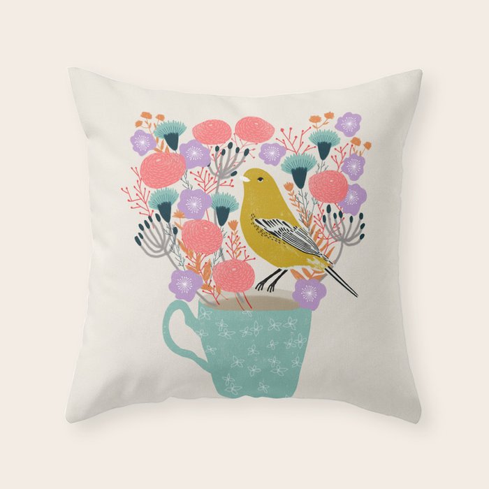 Bird and Flowers - Warbler by Andrea Lauren Throw Pillow Gallery Image 6