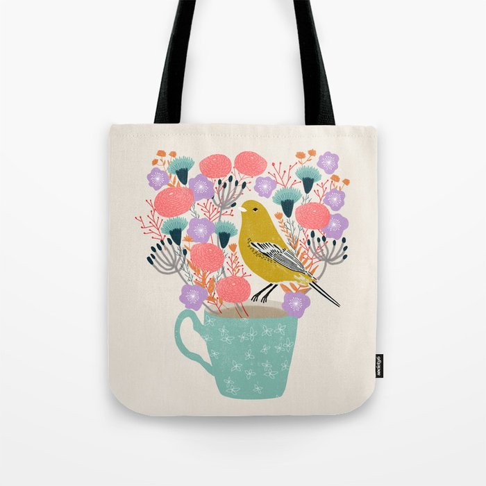 Bird and Flowers - Warbler by Andrea Lauren Tote Bag Gallery Image 1