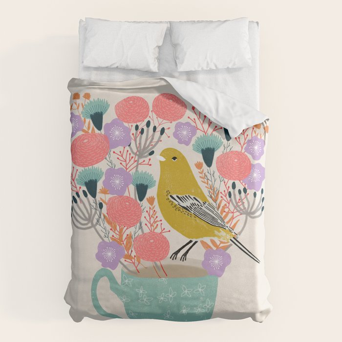 Bird and Flowers - Warbler by Andrea Lauren Duvet Cover