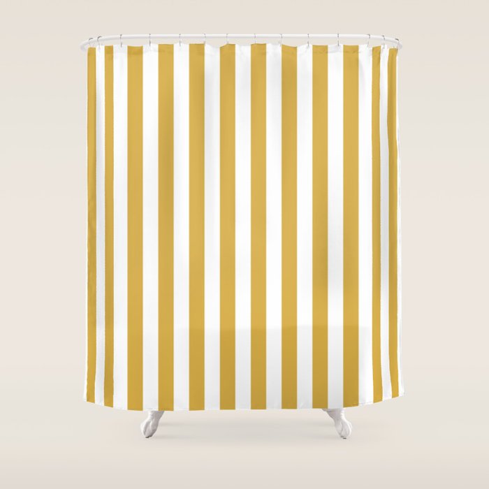Large Mustard Yellow and White Cabana Tent Stripe Shower Curtain Gallery Image 1