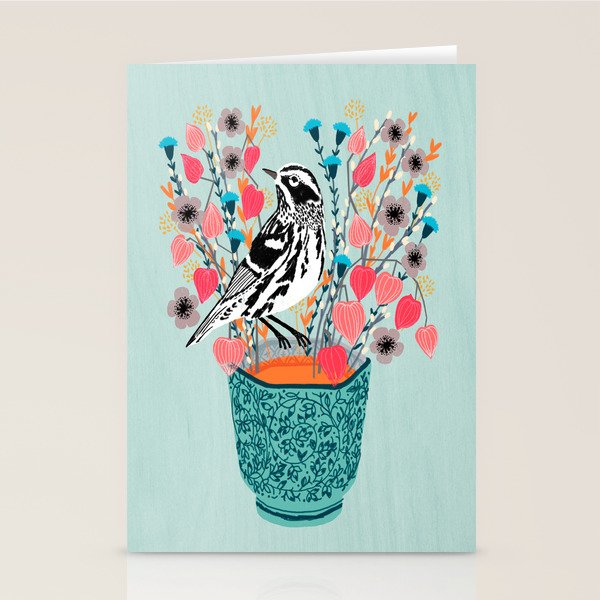 Tea and Flowers - Black and White Warbler by Andrea Lauren Stationery Card Gallery Image 1