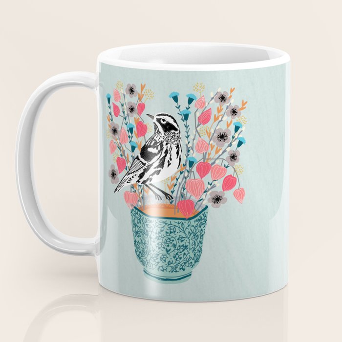 Tea and Flowers - Black and White Warbler by Andrea Lauren Coffee Mug Gallery Image 3