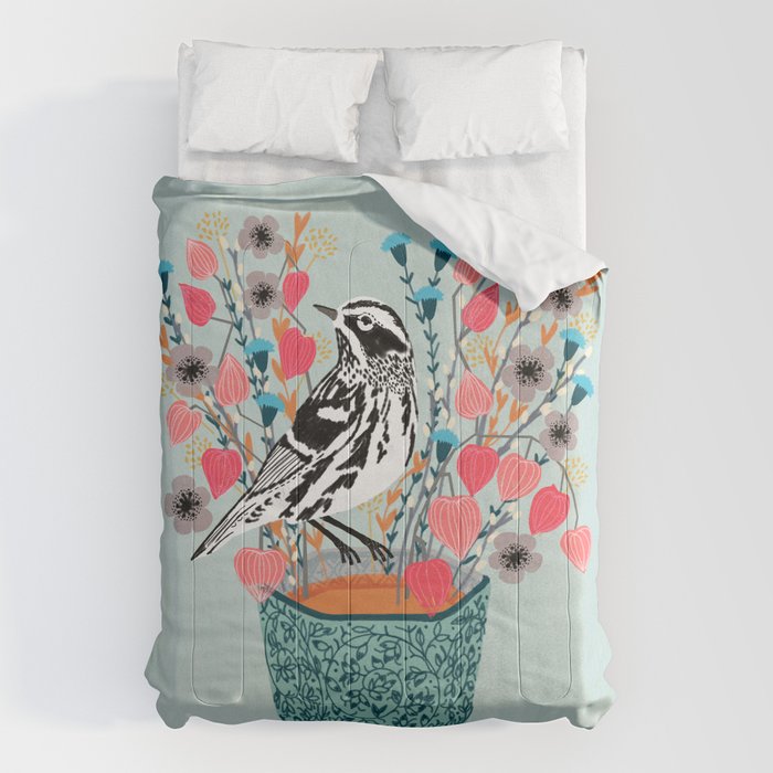 Tea and Flowers - Black and White Warbler by Andrea Lauren Comforter Gallery Image 6