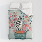 Tea and Flowers - Black and White Warbler by Andrea Lauren Duvet Cover Gallery Image 6