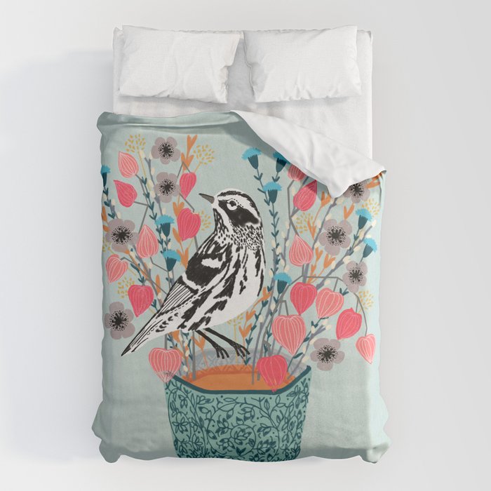 Tea and Flowers - Black and White Warbler by Andrea Lauren Duvet Cover Gallery Image 6