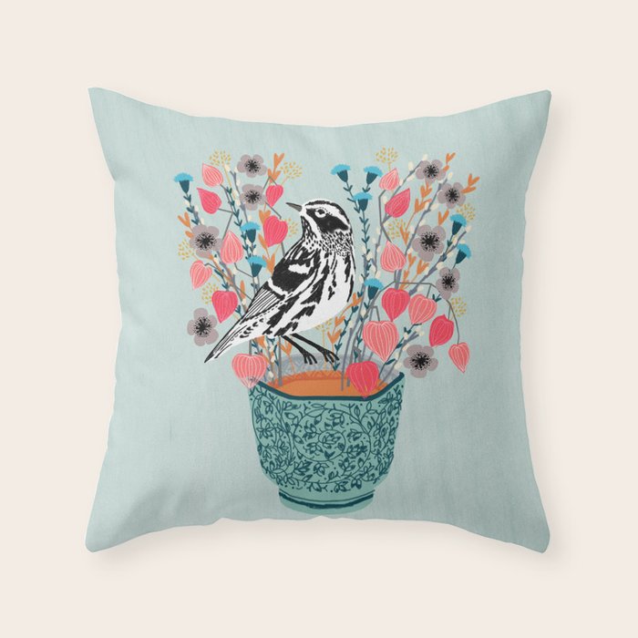 Tea and Flowers - Black and White Warbler by Andrea Lauren Throw Pillow Gallery Image 6