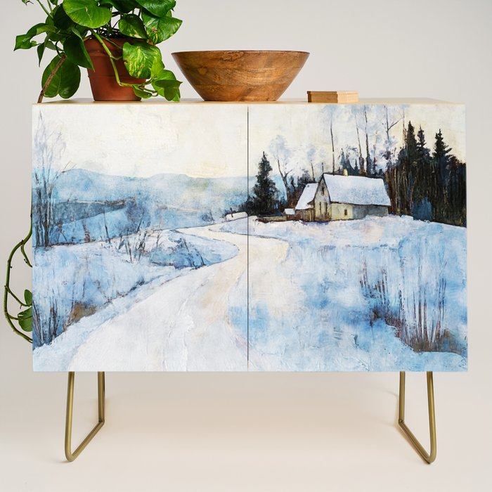Snowy Curve Winter Watercolor Landscape Credenza Gallery Image 1