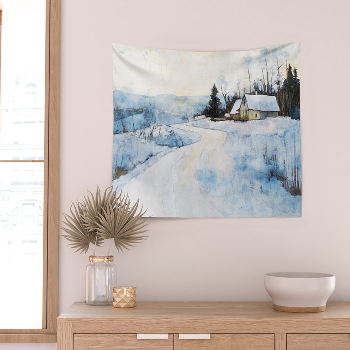 Snowy Curve Winter Watercolor Landscape Wall Tapestry Gallery Image 2