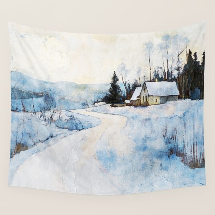 Snowy Curve Winter Watercolor Landscape Wall Tapestry Gallery Image 4
