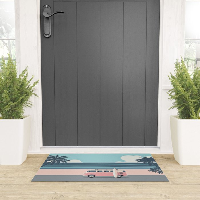 Surfer Graphic Beach Palm-Tree Camper-Van Art Welcome Mat Gallery Image 3
