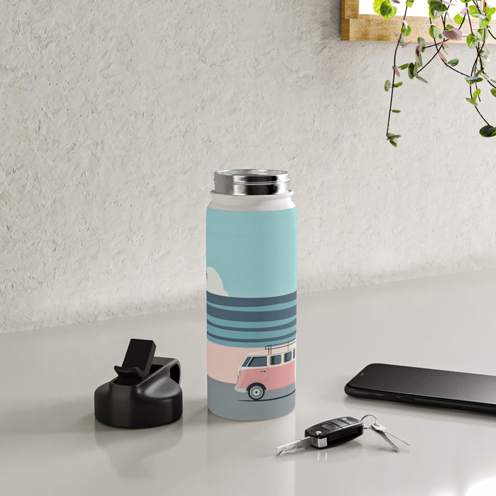 Surfer Graphic Beach Palm-Tree Camper-Van Art Water Bottle Gallery Image 4