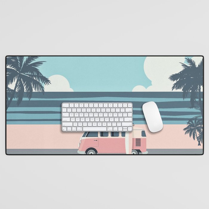 Surfer Graphic Beach Palm-Tree Camper-Van Art Desk Mat Gallery Image 1