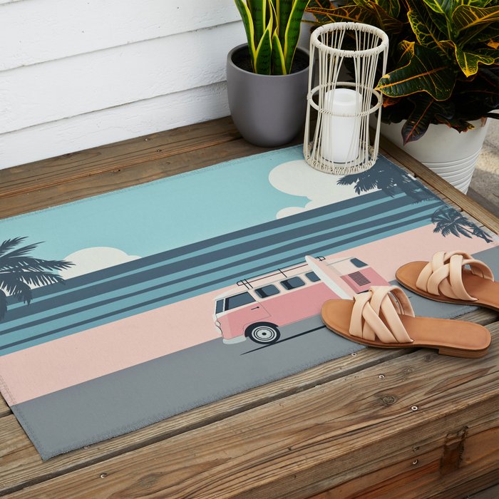 Surfer Graphic Beach Palm-Tree Camper-Van Art Outdoor Rug Gallery Image 2