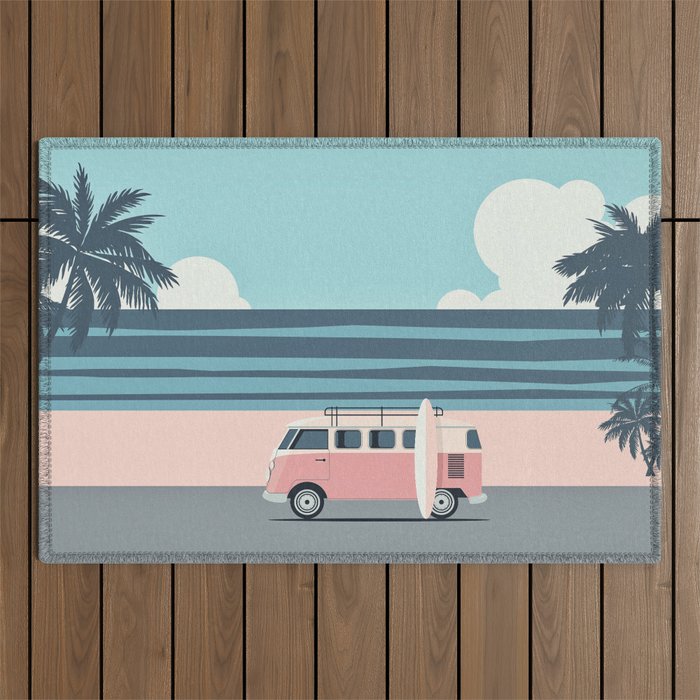 Surfer Graphic Beach Palm-Tree Camper-Van Art Outdoor Rug Gallery Image 1