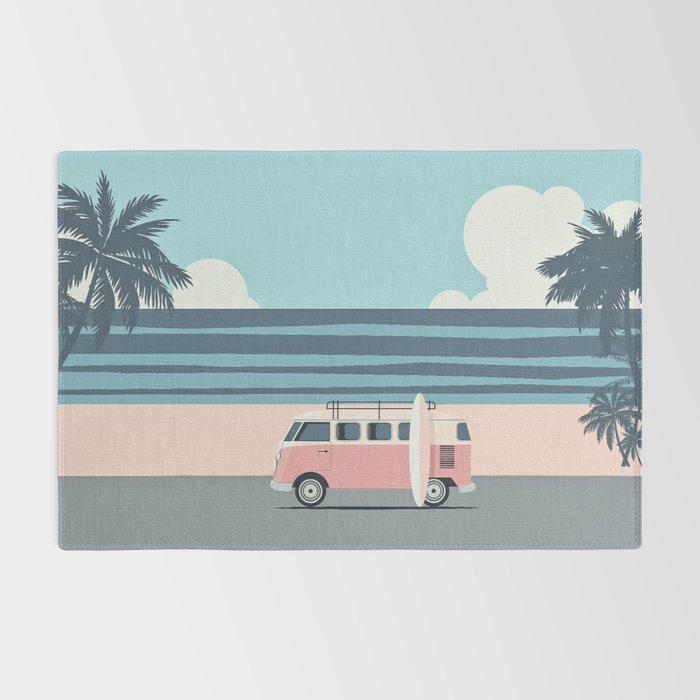Surfer Graphic Beach Palm-Tree Camper-Van Art Rug Gallery Image 2