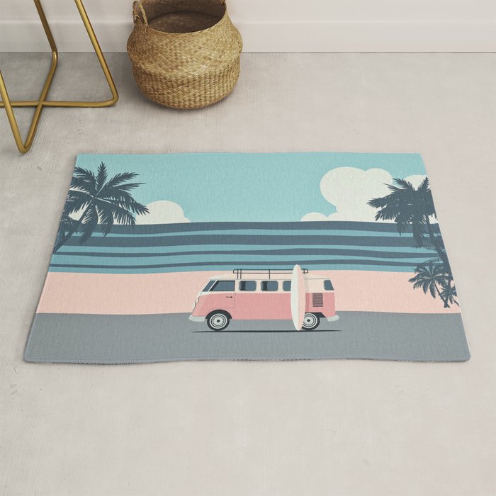 Surfer Graphic Beach Palm-Tree Camper-Van Art Rug Gallery Image 1