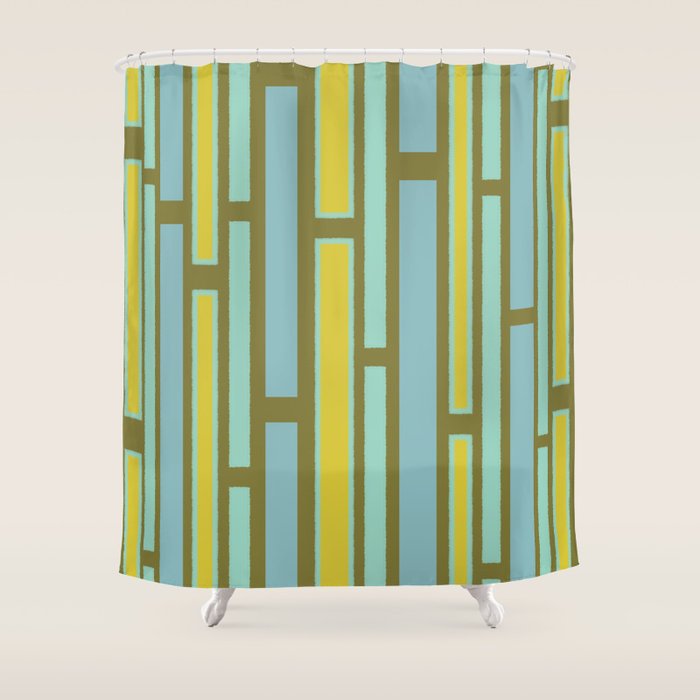 Geometric Portal 1 in Chartreuse Olive Blue Shower Curtain Gallery Image 1
