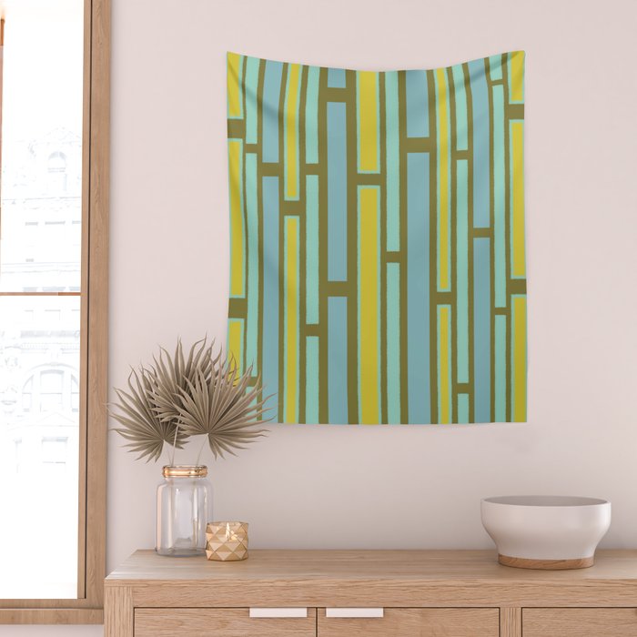 Geometric Portal 1 in Chartreuse Olive Blue Wall Tapestry Gallery Image 2
